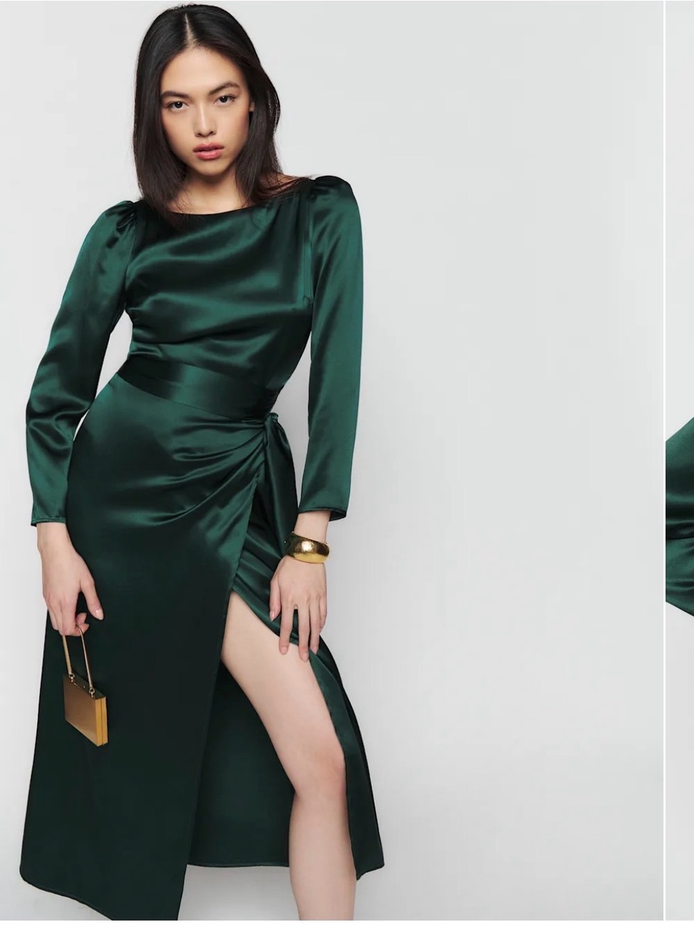 Cassis Dress Reformation Deep Green Satin Long-Sleeve Wrap Midi Dress
